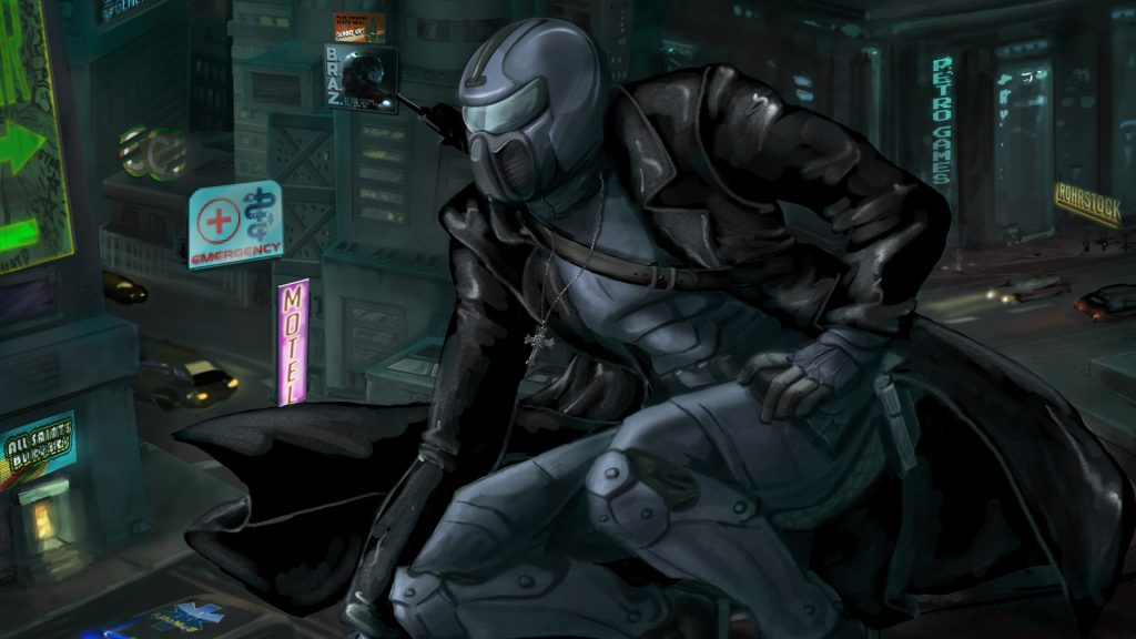 Coverbild ohne Text.
Gezeigt wird ein Krieger in dunkler Lederrüstung mit dunklem Helm, der in einer futuristischen Stadt auf einem Dach sitzt und einen Krankenwagen auf der Straße unter ihm beobachtet.